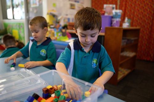 Prep students exploring blocks in classroom