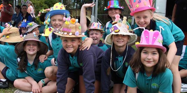 Group of Junior School students wearing their easter hat creations