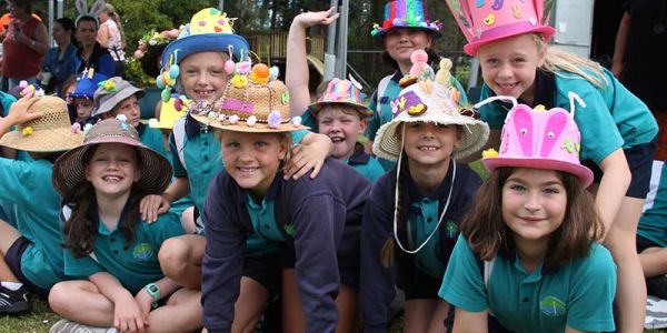 Group of Junior School students wearing their easter hat creations